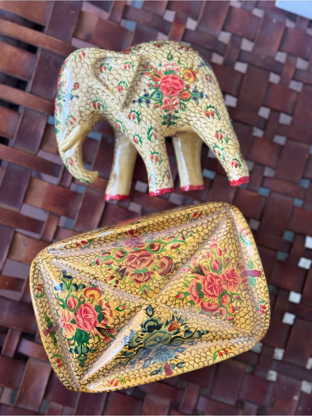 Vintage Hand-Painted Papier-Mâché Elephant and Trinket Box Set